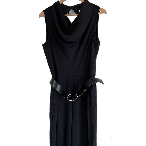 Calvin Klein Womens Cowlneck Drape Front Belted Black Jumpsuit Romper SZ 10 - Picture 5 of 13